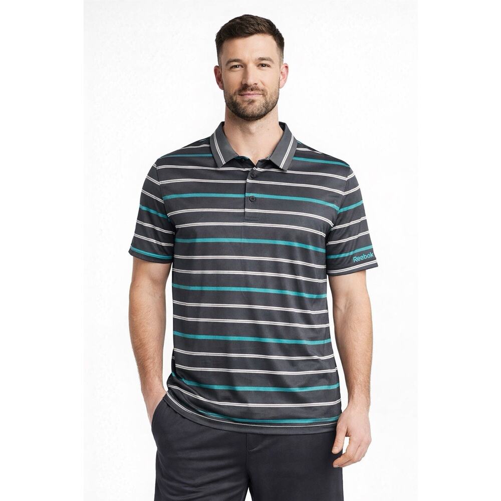 Reebok Shirt Mens 2XLT Tall Gray Green Striped Performance Stretch Golf Polo